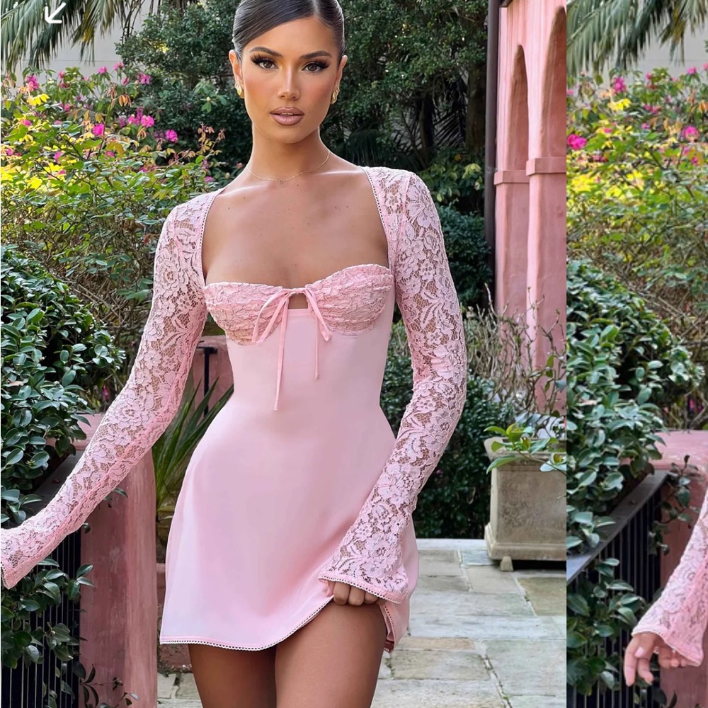 BabyBoo- JACINTA MINI DRESS - BLUSH Pink Lace Long Sleeve Mini Dress